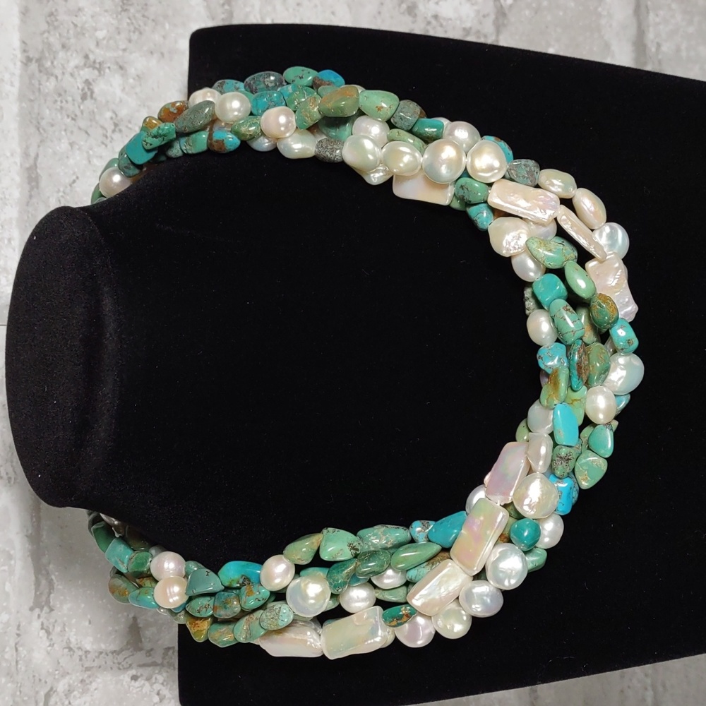 6 Strand Natural Turquoise/Freshwater Pearl Torsade